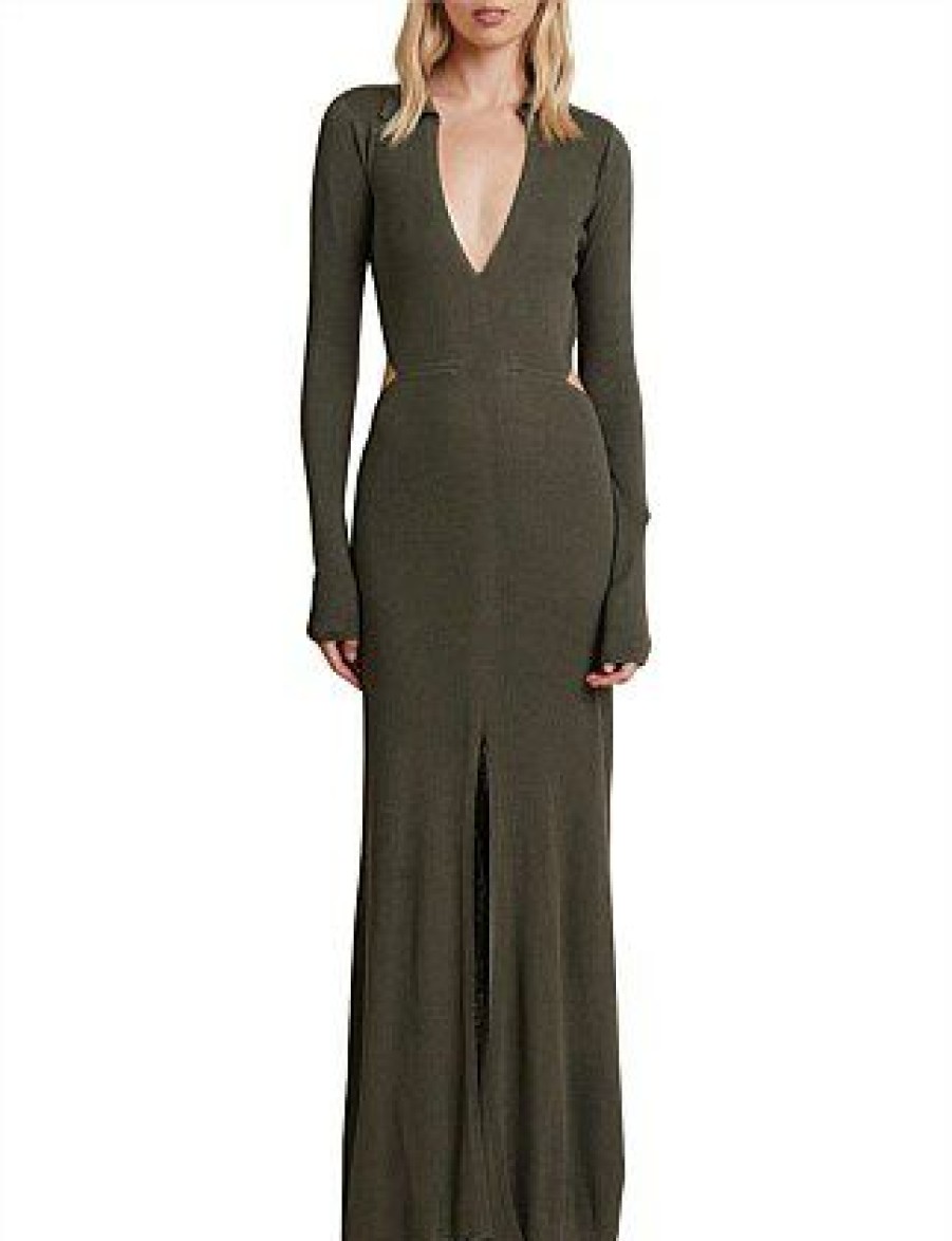 Bikini * | Mila Knit Long Sleeve Maxi Dress Promotion Army